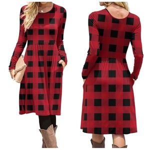 Elegant Red and Black Checkered Long Sleeve Dress